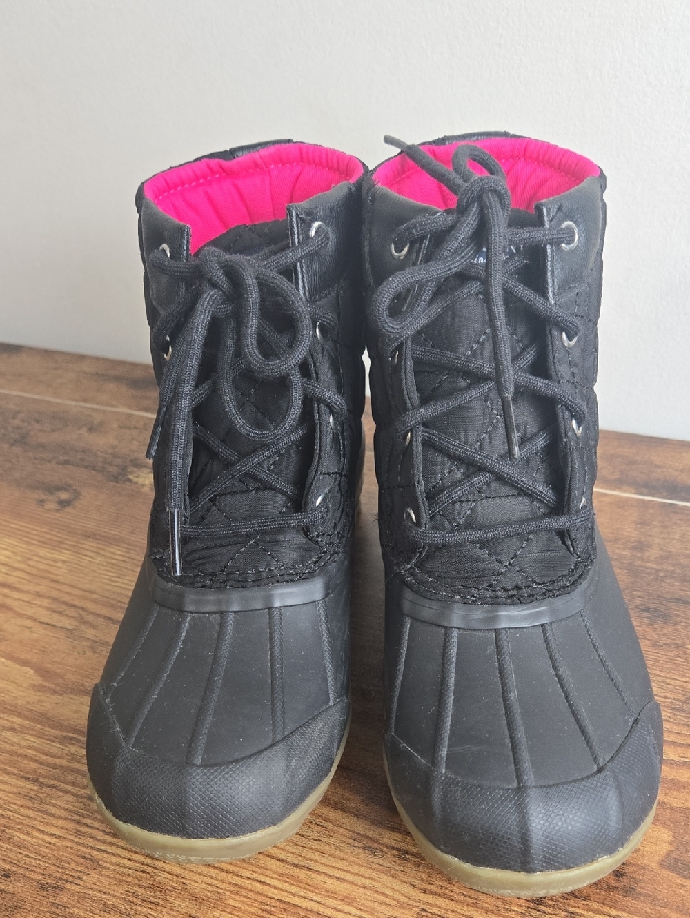 Sperry Girls' Port Quilted Duck Boots Sz 3 Black/Pink Rain Snow Winter Boots
